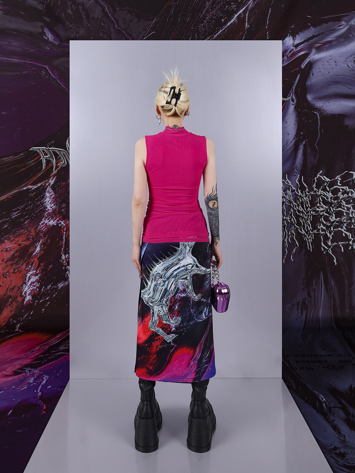 Cosmic Clash Rock-Electro Iridescent Thorn Print Wrap Reversible Skirt [ID:0067SK]