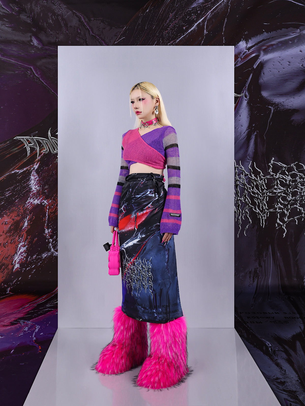 Cosmic Clash Rock-Electro Iridescent Thorn Print Wrap Reversible Skirt [ID:0067SK]
