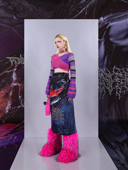 Cosmic Clash Rock-Electro Iridescent Thorn Print Wrap Reversible Skirt [ID:0067SK]