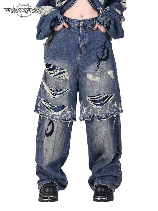 Dual-Layer Oversized Distressed Denim Pants Y2K Genderless Design [ID:0068PA]