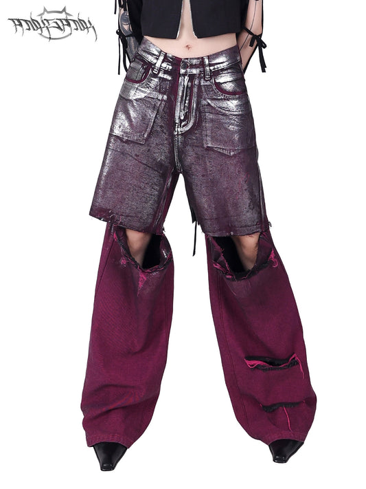 Silver Coated Distressed Split-Length Denim Pants Y2K Futuristic Design [ID:0069PA]