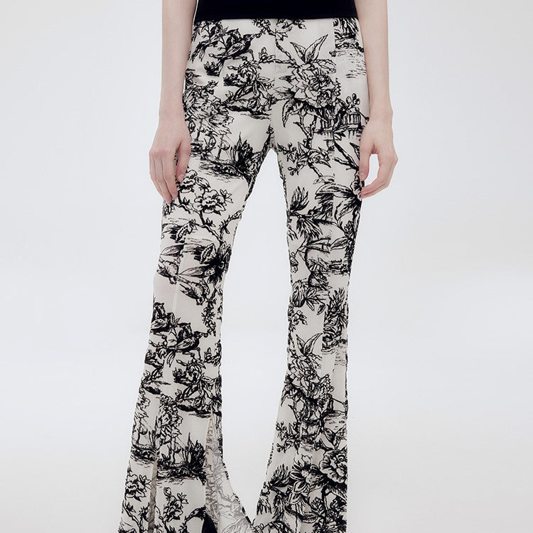 Genesis Vintage Floral Print High-Stretch Flare Pants Retro Chic [ID:0073PA]