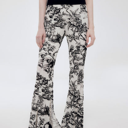 Genesis Vintage Floral Print High-Stretch Flare Pants Retro Chic [ID:0073PA]