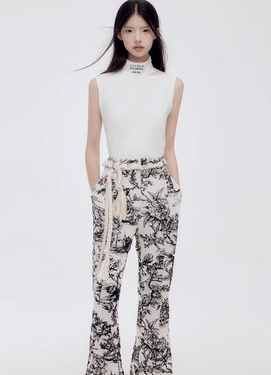 Genesis Vintage Floral Print High-Stretch Flare Pants Retro Chic [ID:0073PA]