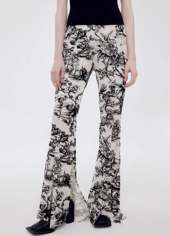 Genesis Vintage Floral Print High-Stretch Flare Pants Retro Chic [ID:0073PA]