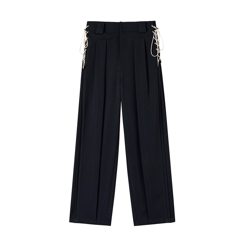 Genesis Era Mid-Waist Straight-Leg Tie-Belt Draped Casual Trousers [ID:0075PA]