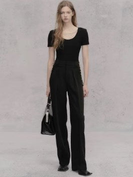 Genesis Era Mid-Waist Straight-Leg Tie-Belt Draped Casual Trousers [ID:0075PA]