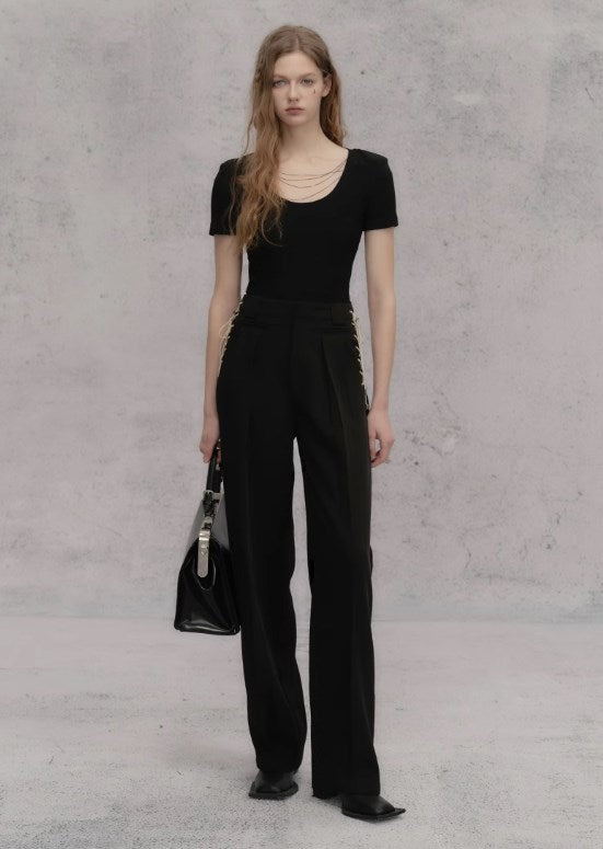 Genesis Era Mid-Waist Straight-Leg Tie-Belt Draped Casual Trousers [ID:0075PA]