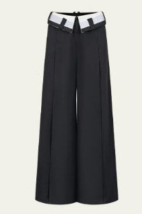 Genesis Era Contrast Folded Waist Pleated Flare Wide-Leg Trousers Black [ID:0076PA]