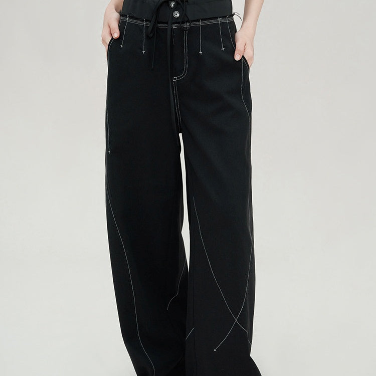 Genesis Era Contrast Panel Wide-Leg High-Waist Relaxed Black Trousers [ID:0078PA]