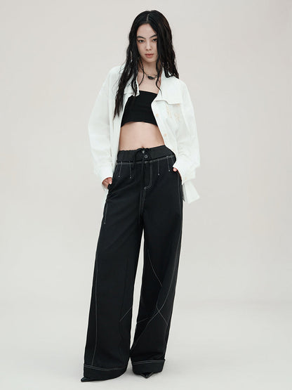 Genesis Era Contrast Panel Wide-Leg High-Waist Relaxed Black Trousers [ID:0078PA]