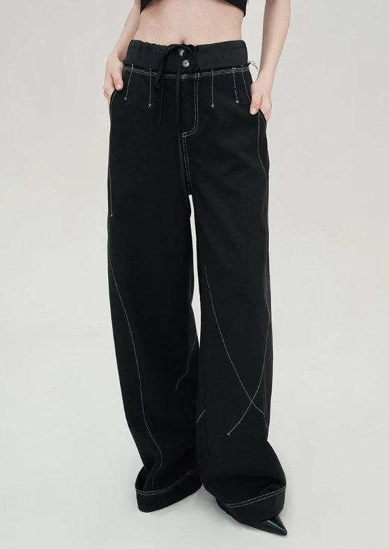 Genesis Era Contrast Panel Wide-Leg High-Waist Relaxed Black Trousers [ID:0078PA]