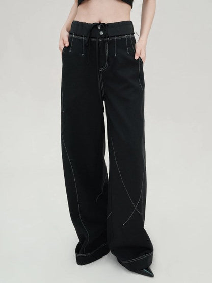 Genesis Era Contrast Panel Wide-Leg High-Waist Relaxed Black Trousers [ID:0078PA]