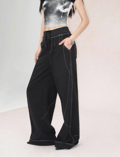 Genesis Era Contrast Panel Wide-Leg High-Waist Relaxed Black Trousers [ID:0078PA]