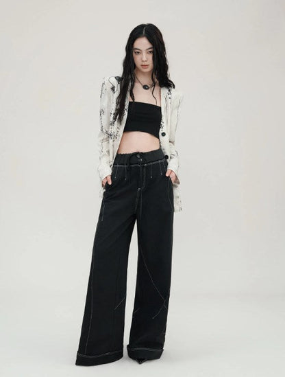 Genesis Era Contrast Panel Wide-Leg High-Waist Relaxed Black Trousers [ID:0078PA]