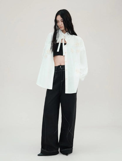 Genesis Era Contrast Panel Wide-Leg High-Waist Relaxed Black Trousers [ID:0078PA]