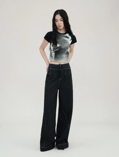 Genesis Era Contrast Panel Wide-Leg High-Waist Relaxed Black Trousers [ID:0078PA]