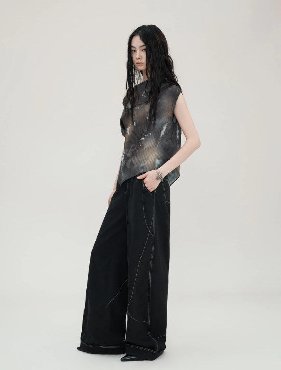 Genesis Era Contrast Panel Wide-Leg High-Waist Relaxed Black Trousers [ID:0078PA]