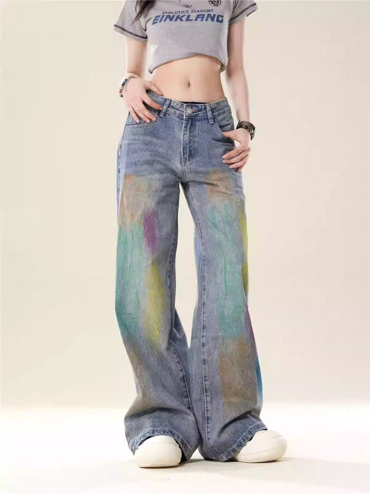 High-Street Loose Wide-Leg Straight Blue Painted Jeans  [ID:0083PA]