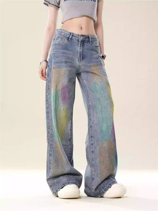 High-Street Loose Wide-Leg Straight Blue Painted Jeans [ID:0083PA]