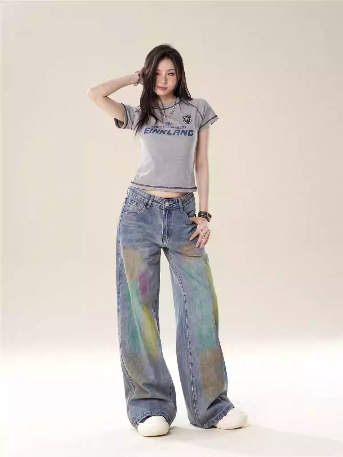 High-Street Loose Wide-Leg Straight Blue Painted Jeans  [ID:0083PA]