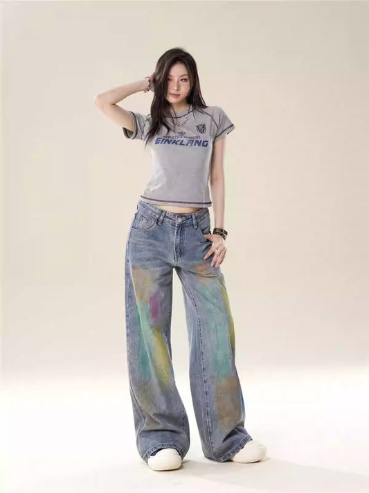 High-Street Loose Wide-Leg Straight Blue Painted Jeans [ID:0083PA]