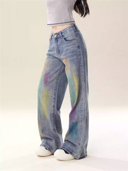 High-Street Loose Wide-Leg Straight Blue Painted Jeans  [ID:0083PA]