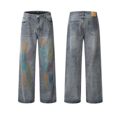 High-Street Loose Wide-Leg Straight Blue Painted Jeans  [ID:0083PA]