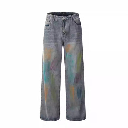 High-Street Loose Wide-Leg Straight Blue Painted Jeans  [ID:0083PA]