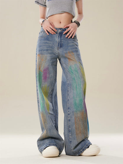 High-Street Loose Wide-Leg Straight Blue Painted Jeans  [ID:0083PA]