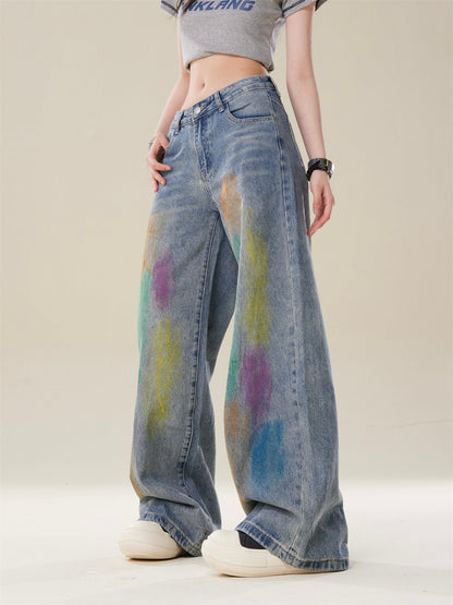 High-Street Loose Wide-Leg Straight Blue Painted Jeans  [ID:0083PA]