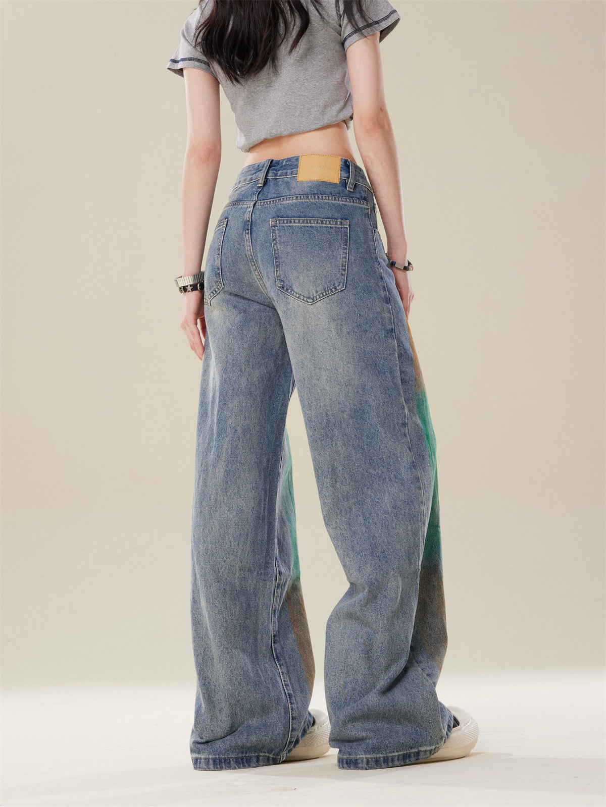 High-Street Loose Wide-Leg Straight Blue Painted Jeans  [ID:0083PA]