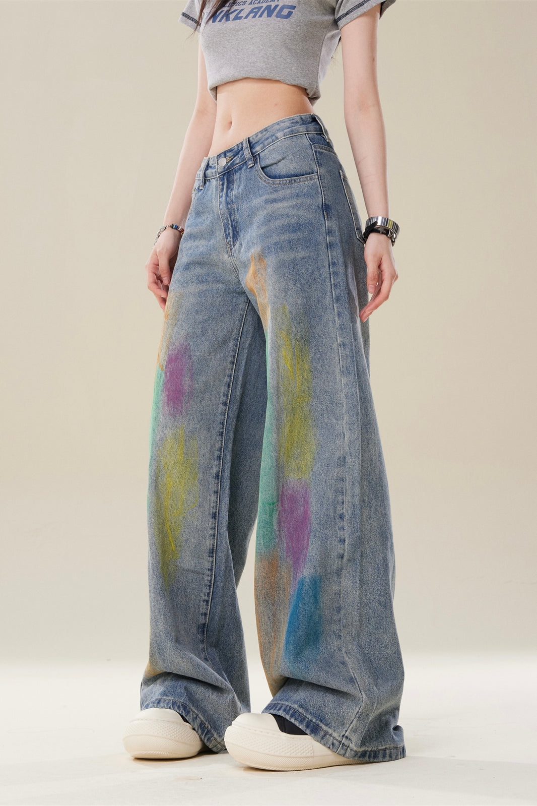 High-Street Loose Wide-Leg Straight Blue Painted Jeans  [ID:0083PA]