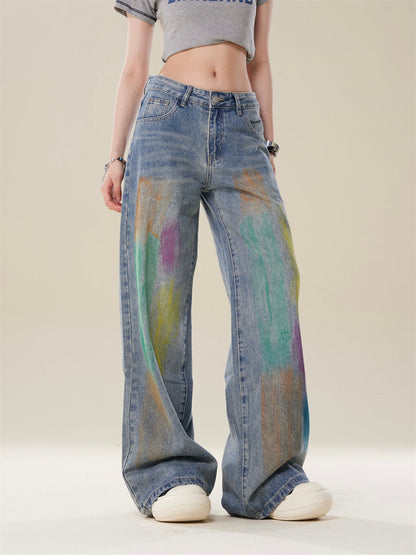 High-Street Loose Wide-Leg Straight Blue Painted Jeans  [ID:0083PA]