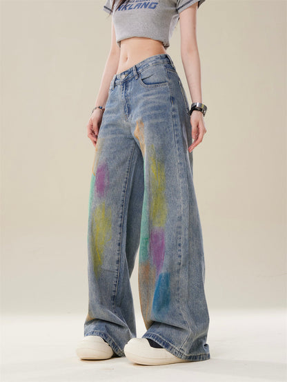 High-Street Loose Wide-Leg Straight Blue Painted Jeans  [ID:0083PA]