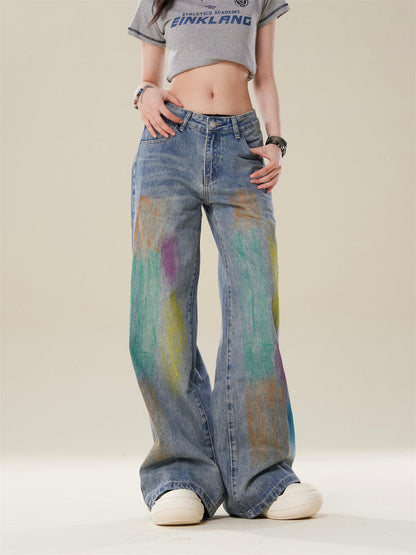 High-Street Loose Wide-Leg Straight Blue Painted Jeans  [ID:0083PA]