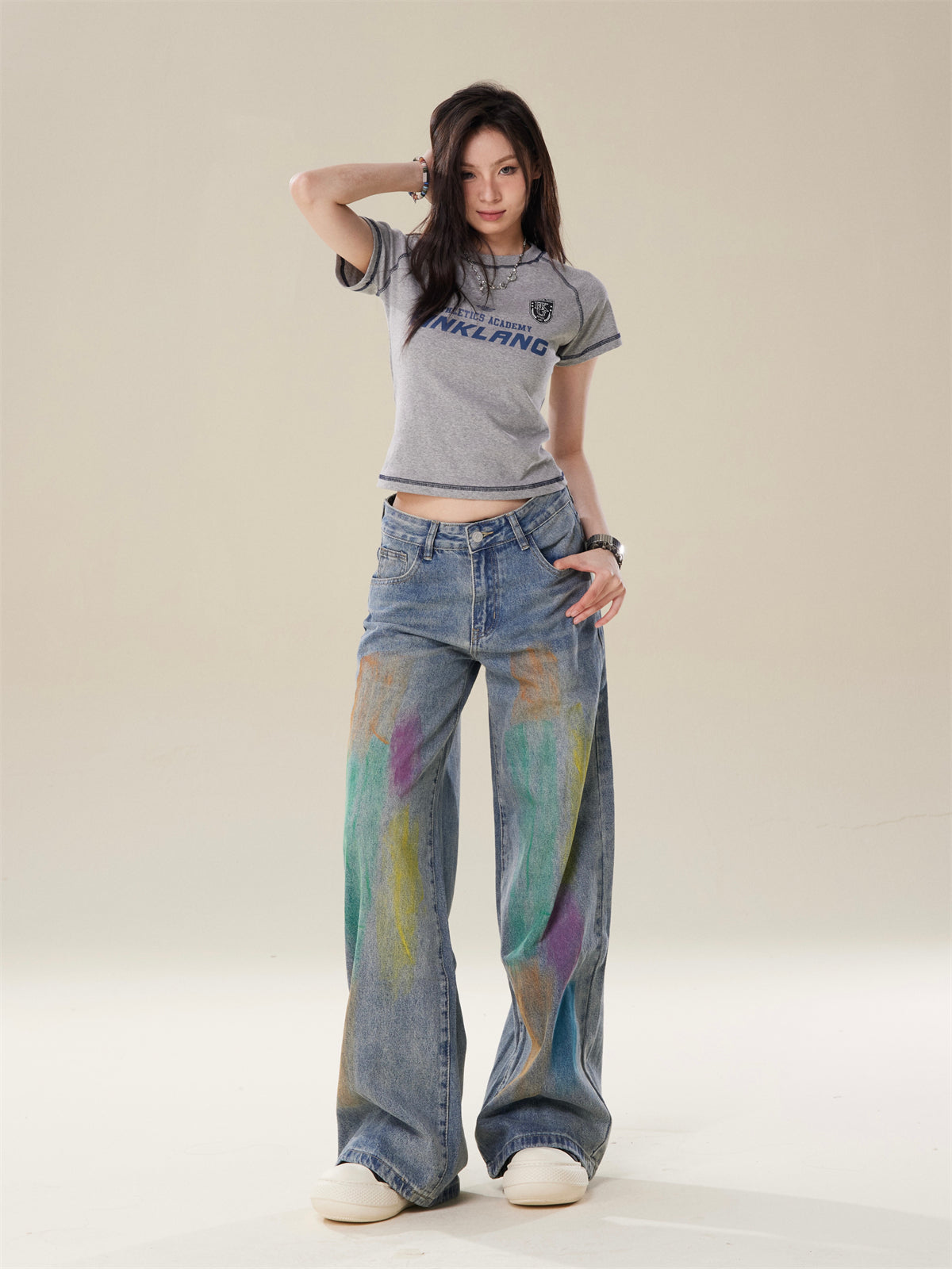 High-Street Loose Wide-Leg Straight Blue Painted Jeans  [ID:0083PA]