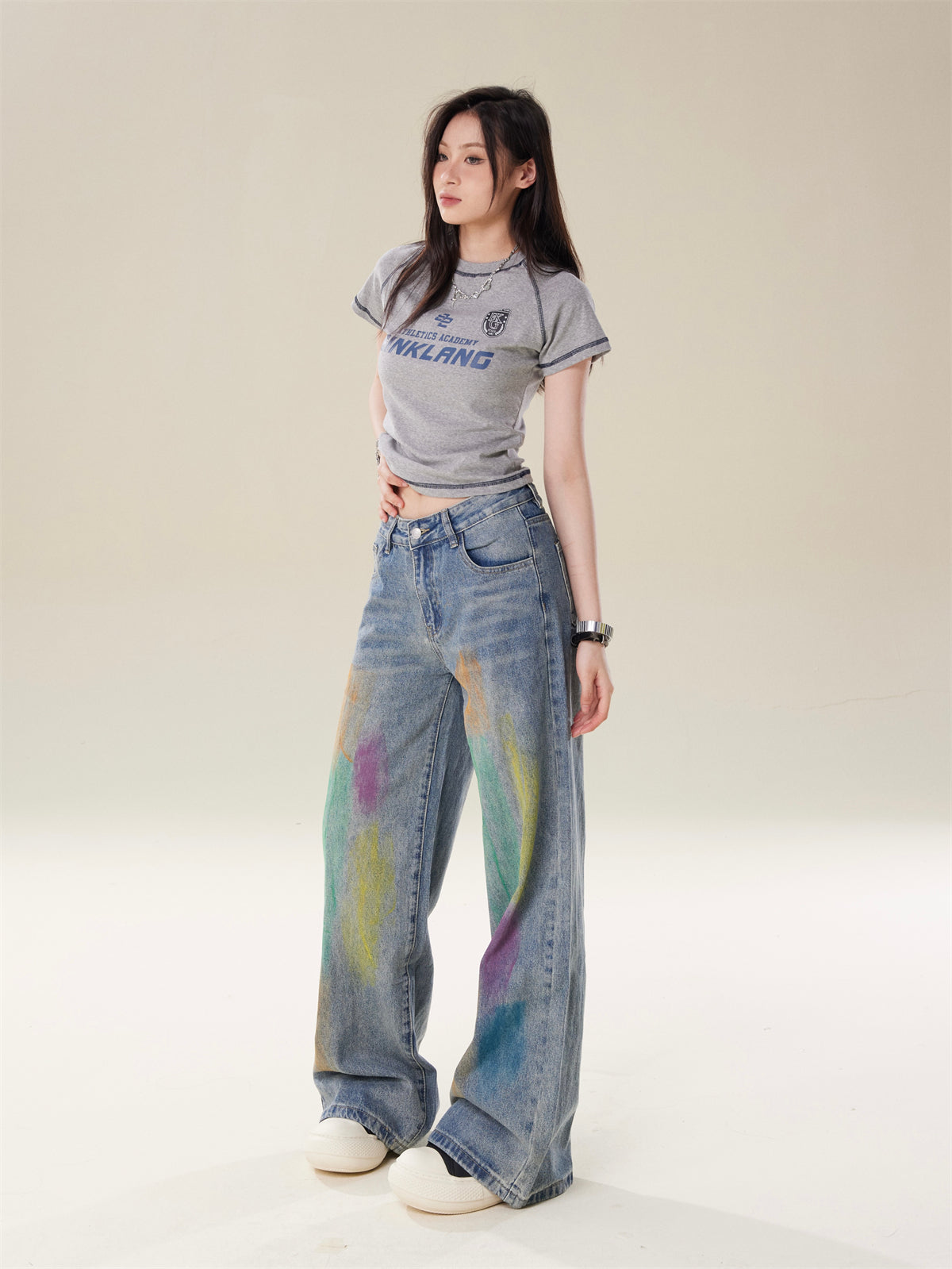 High-Street Loose Wide-Leg Straight Blue Painted Jeans  [ID:0083PA]