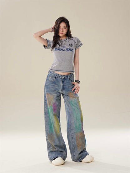 High-Street Loose Wide-Leg Straight Blue Painted Jeans  [ID:0083PA]