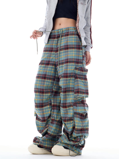 Autumn Gradient Plaid Wide-Leg Utility Trousers with Pleated Design [ID:0084PA]