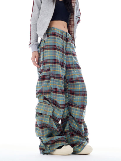 Autumn Gradient Plaid Wide-Leg Utility Trousers with Pleated Design [ID:0084PA]