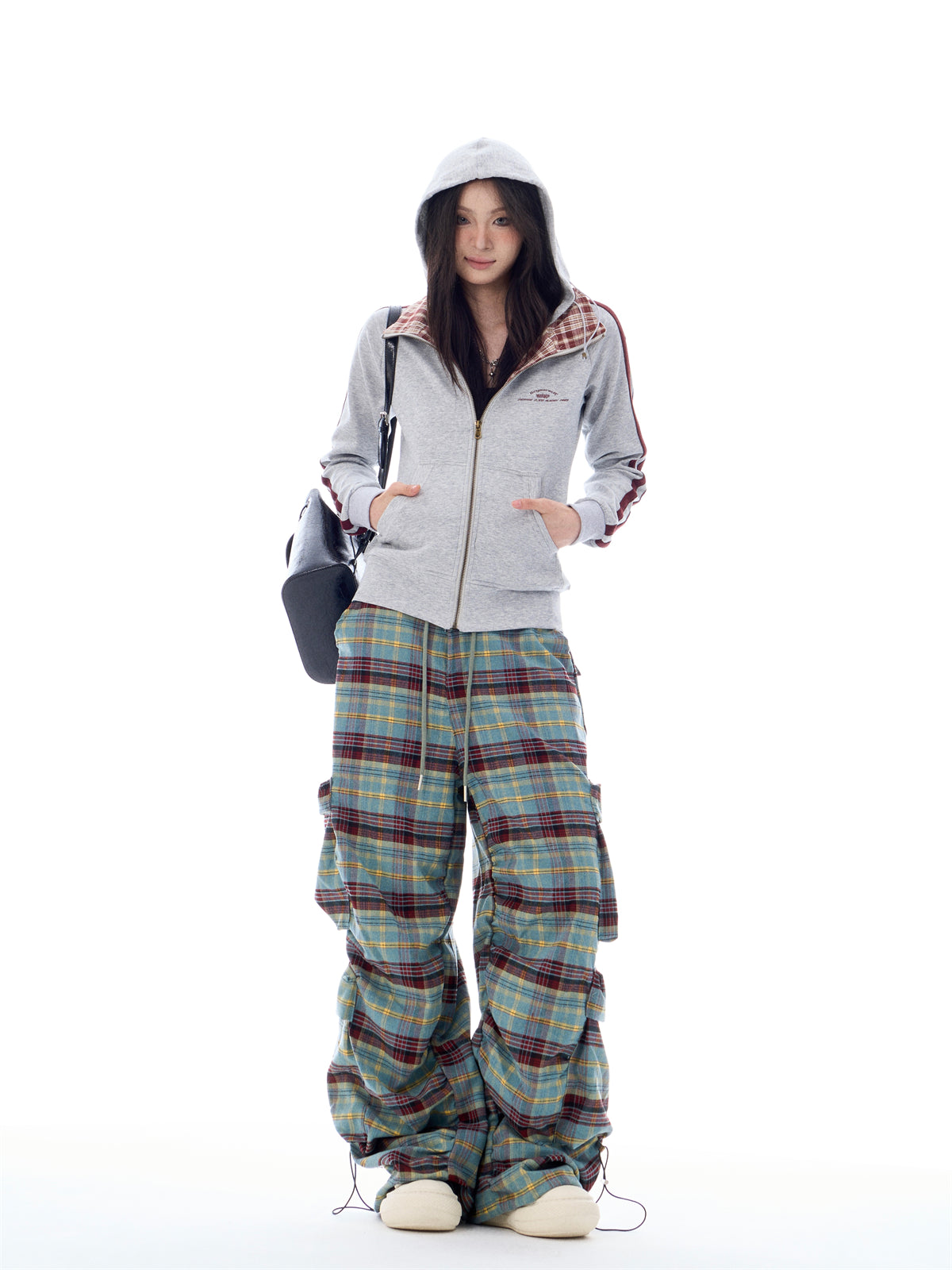 Autumn Gradient Plaid Wide-Leg Utility Trousers with Pleated Design [ID:0084PA]