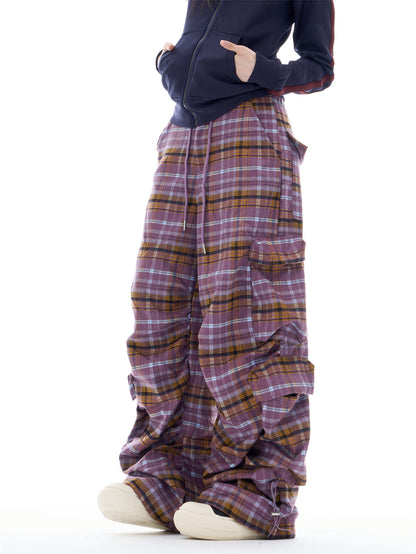 Autumn Gradient Plaid Wide-Leg Utility Trousers with Pleated Design [ID:0084PA]