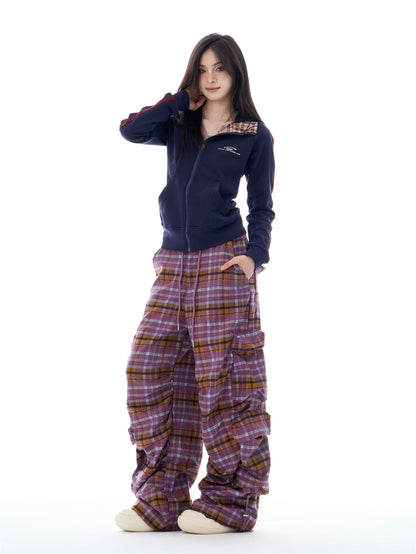 Autumn Gradient Plaid Wide-Leg Utility Trousers with Pleated Design [ID:0084PA]