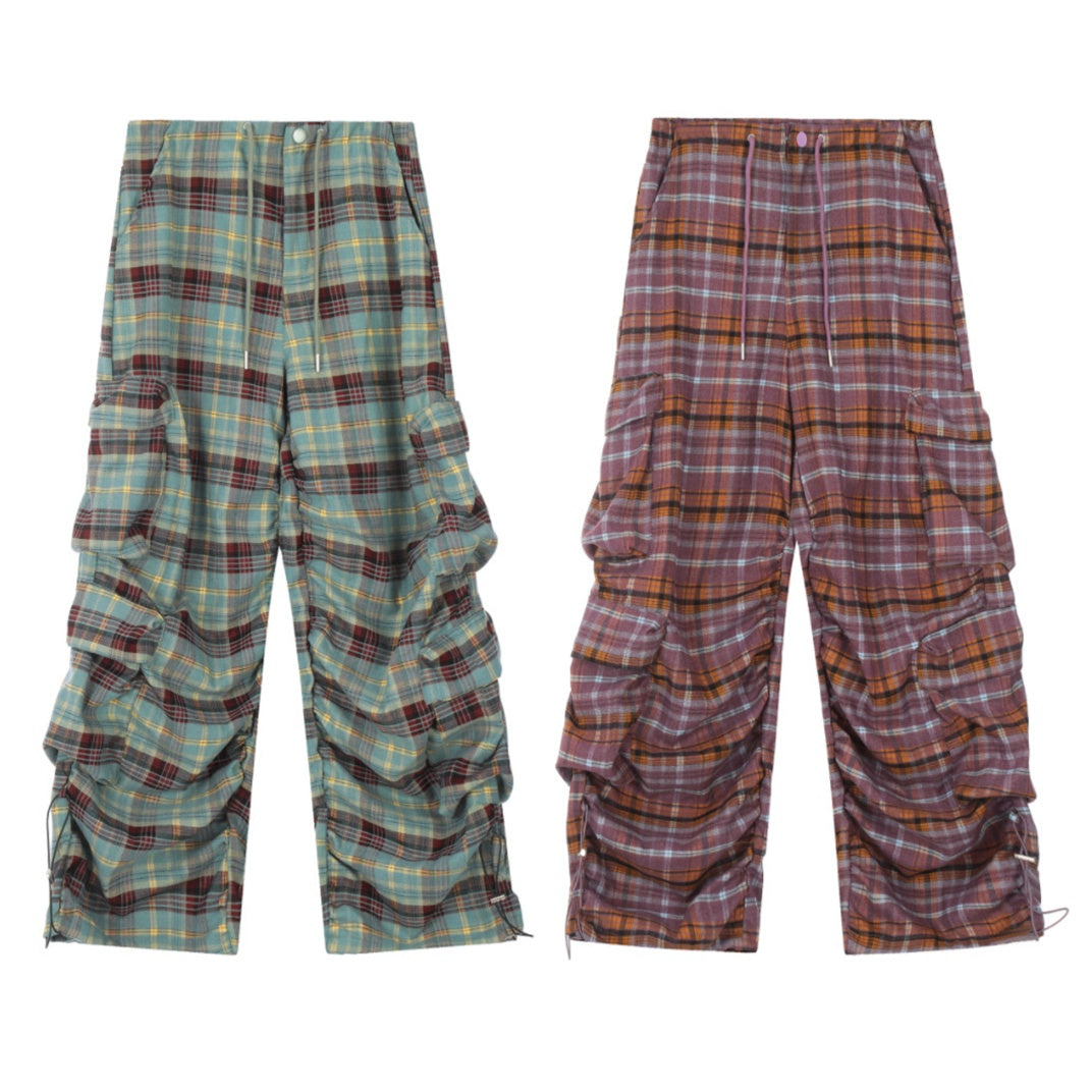 Autumn Gradient Plaid Wide-Leg Utility Trousers with Pleated Design [ID:0084PA]