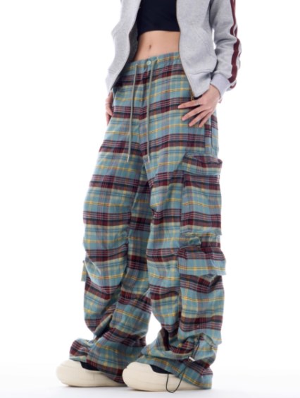 Autumn Gradient Plaid Wide-Leg Utility Trousers with Pleated Design [ID:0084PA]