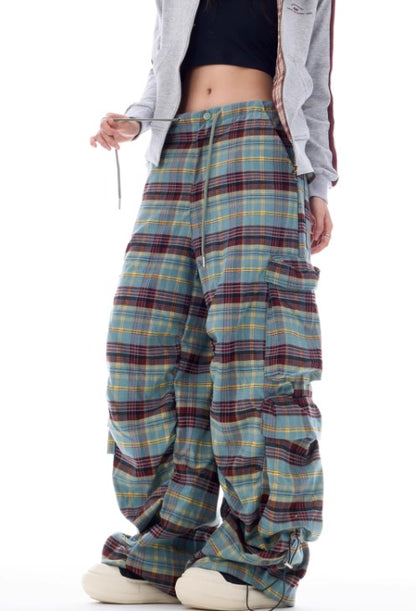 Autumn Gradient Plaid Wide-Leg Utility Trousers with Pleated Design [ID:0084PA]