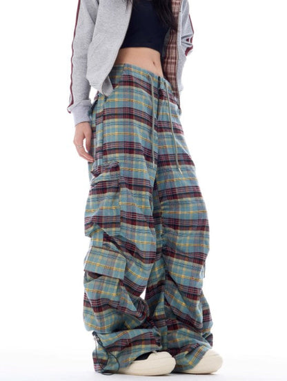 Autumn Gradient Plaid Wide-Leg Utility Trousers with Pleated Design [ID:0084PA]