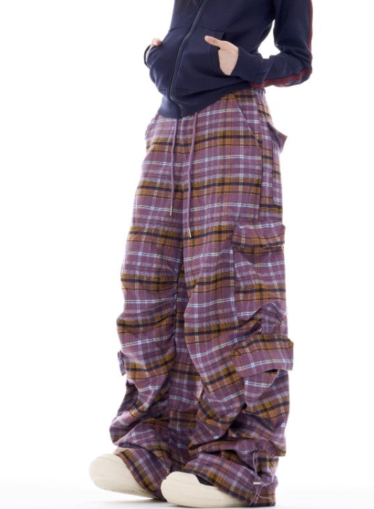 Autumn Gradient Plaid Wide-Leg Utility Trousers with Pleated Design [ID:0084PA]