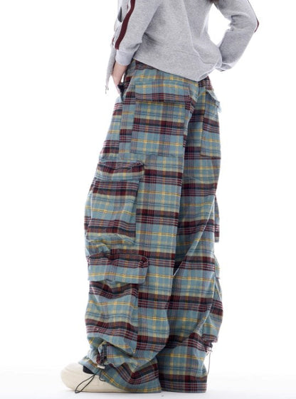 Autumn Gradient Plaid Wide-Leg Utility Trousers with Pleated Design [ID:0084PA]